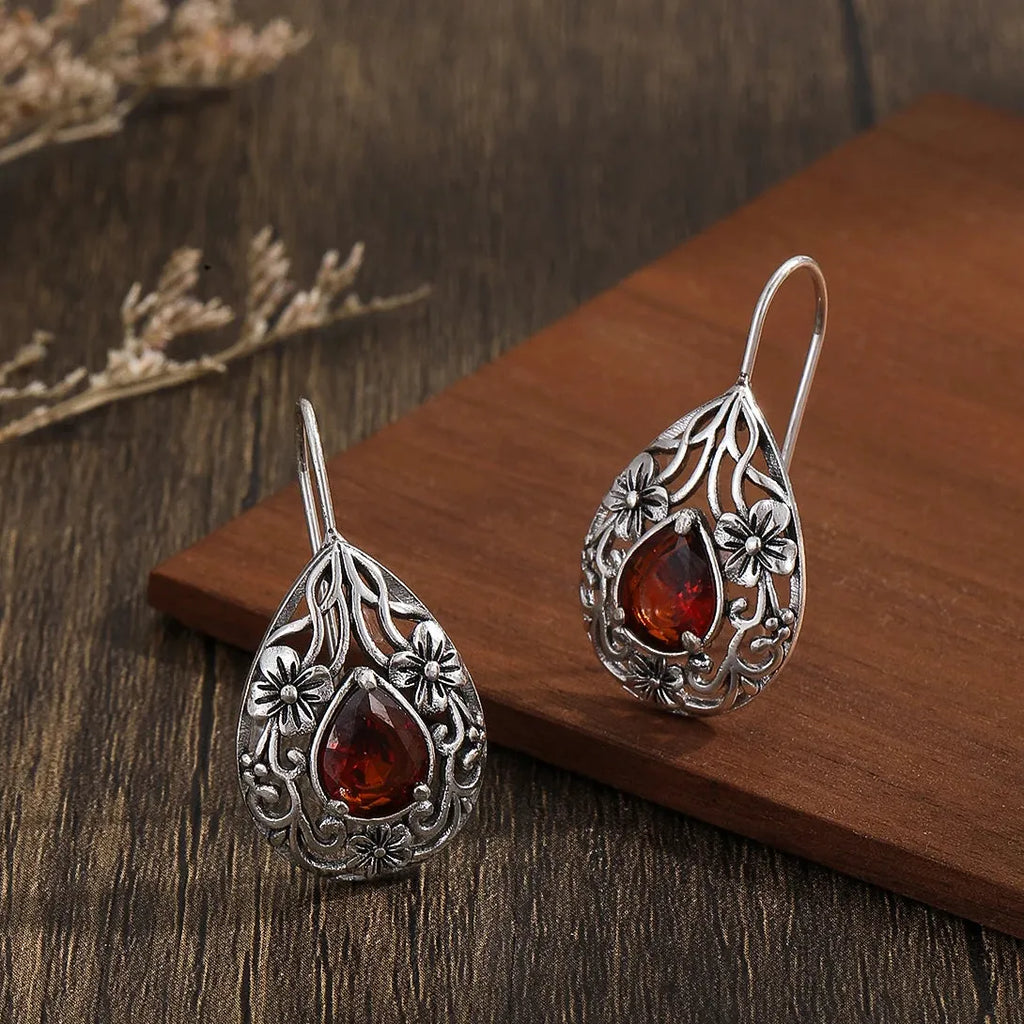 Needle Women's Red Stone Stud Hoop Earrings Zinc Alloy Bohemia Jewelry