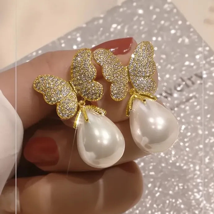 Elegant Butterfly Drop Earrings with Pearl Cubic Zirconia Jewelry for Women