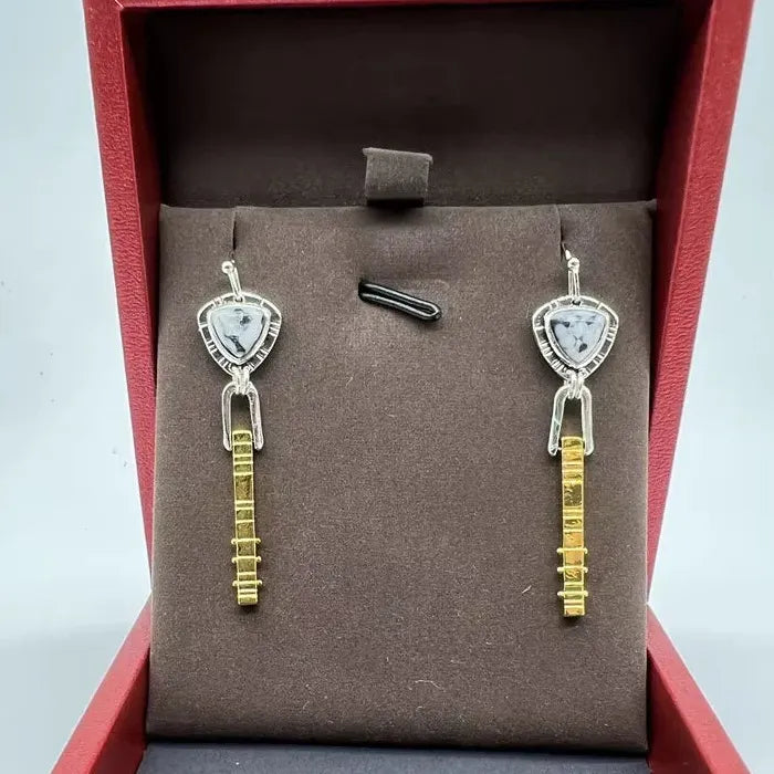 Vintage Geometric Irregular Triangle Black & White Synthetic Stone Drop Earrings for Women