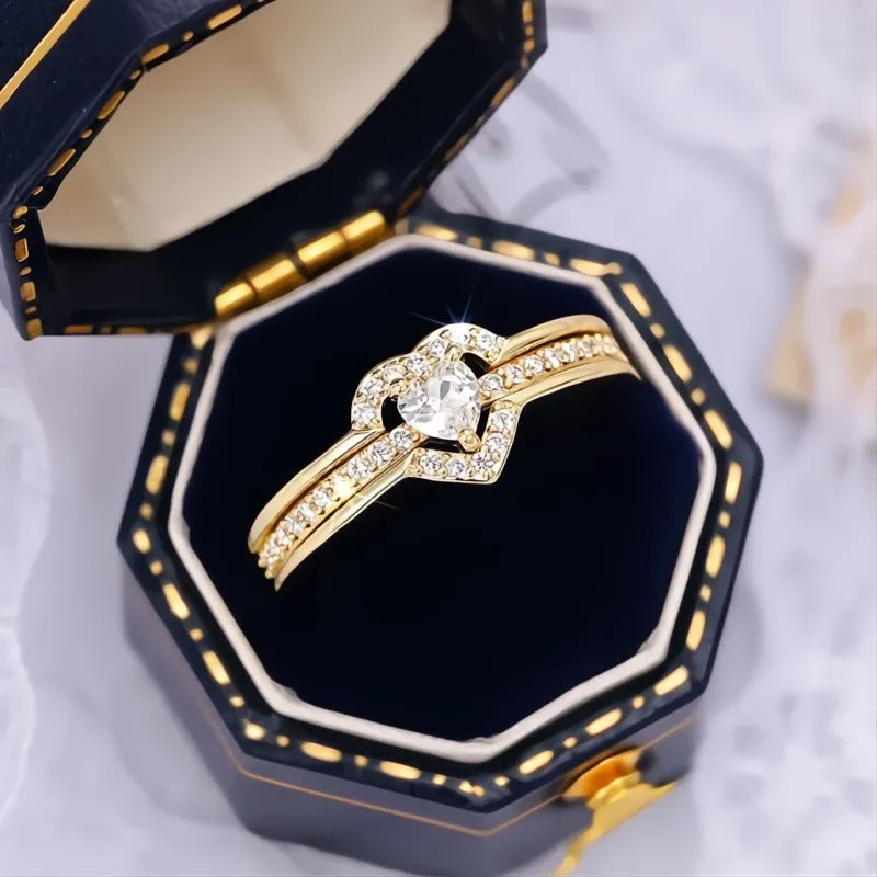 Romantic Heart Shaped Women’s Wedding Anniversary Ring with Shiny CZ Brass Jewelry Gold/Silver Color