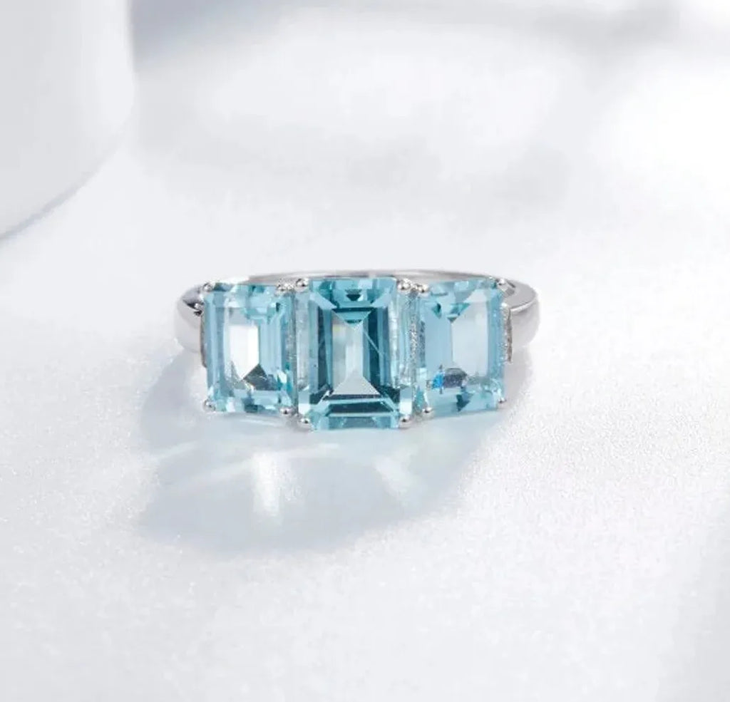 Silver Aquamarine Gemstone Ring for Women Zinc Alloy Wedding Party Jewelry Gift