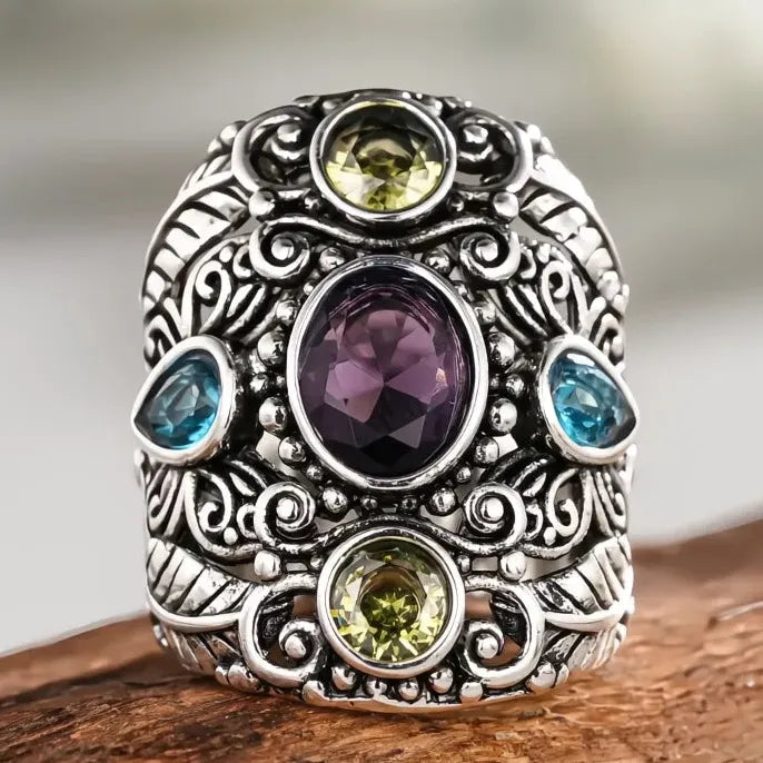 Vintage Women’s Silver Brass Geometric CZ Cocktail Ring Multicolor Party Jewelry