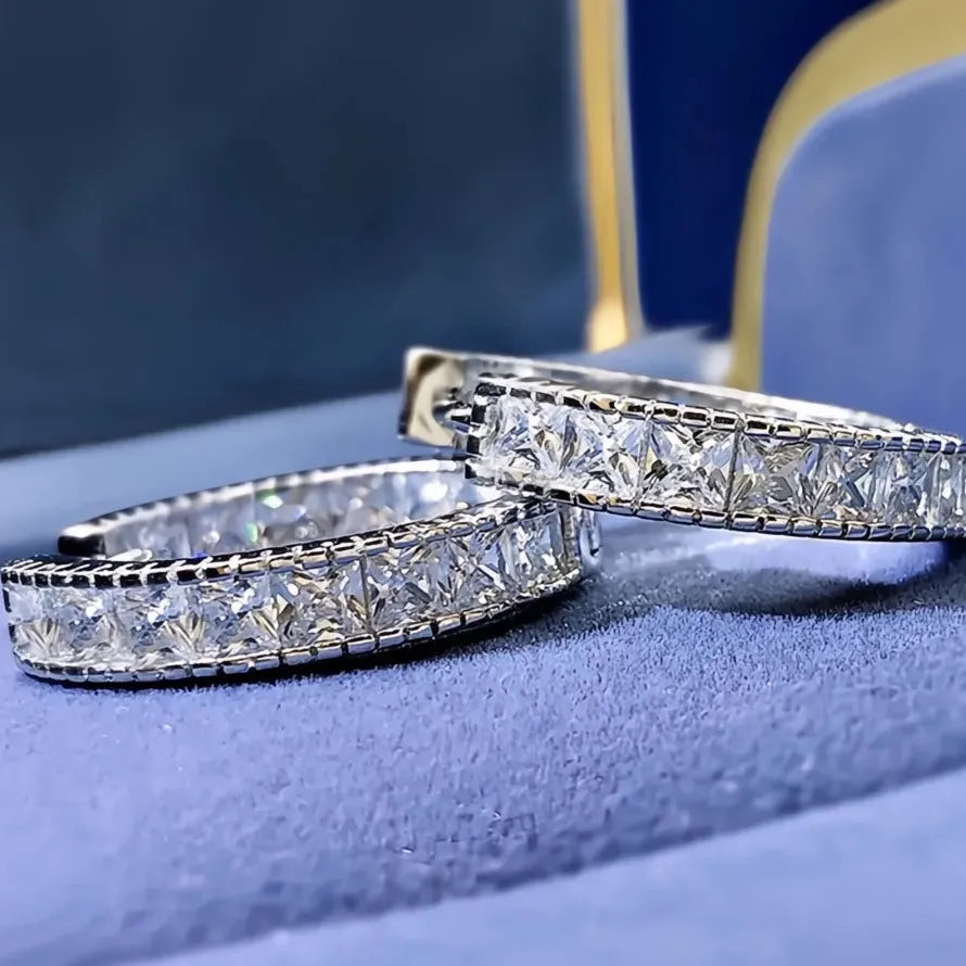 Luxury Silver Color Geometric Square Cubic Zirconia Hoop Earrings for Women