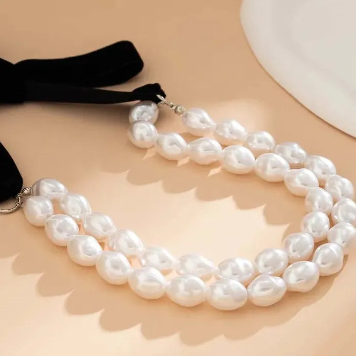 Punk Gothic Black Ribbon Bowknot Choker Necklace White Pearl Clavicle Y2K Jewelry Women