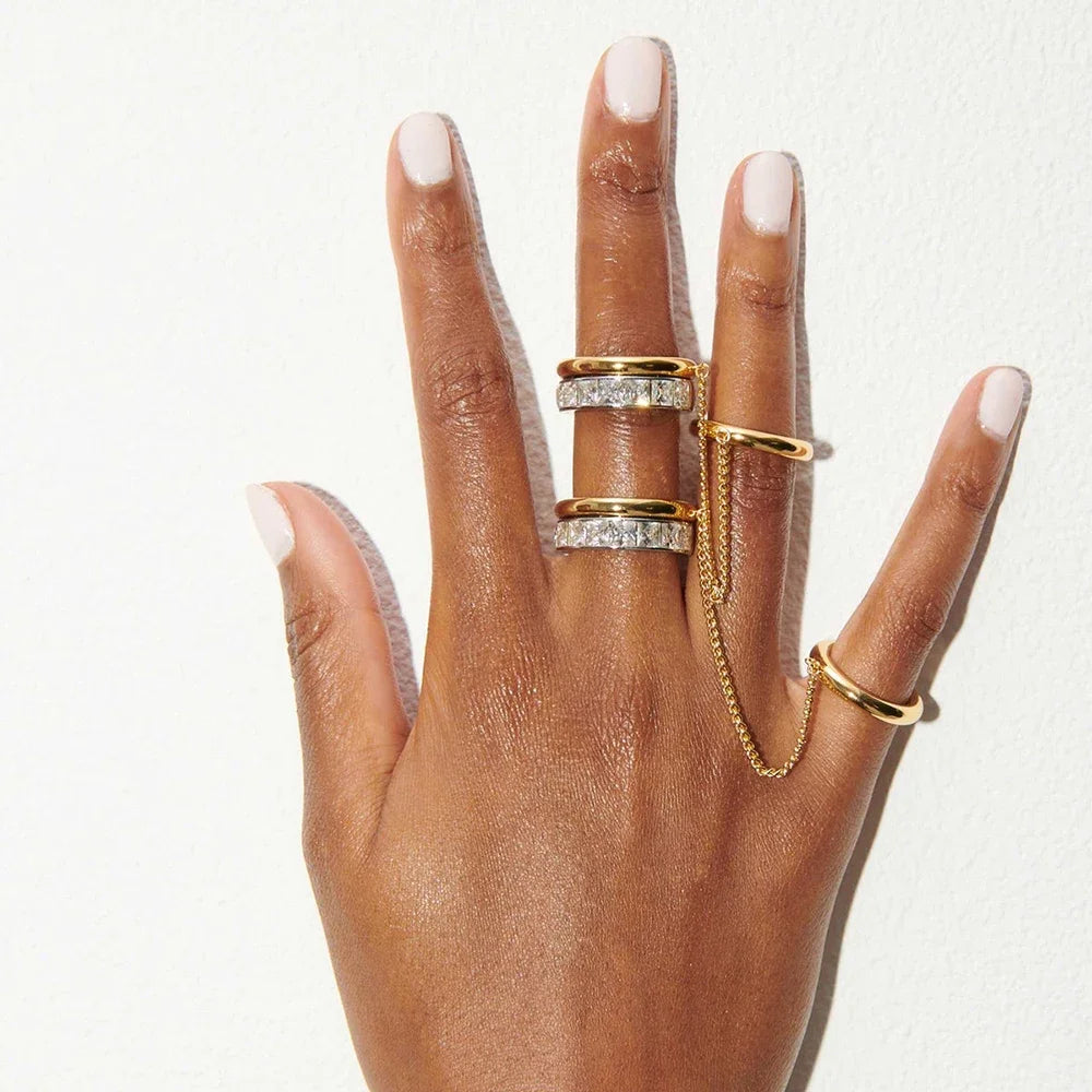 18K Gold Plated Stainless Steel Chain Finger Ring with Zircon for Women Vintage Jewelry