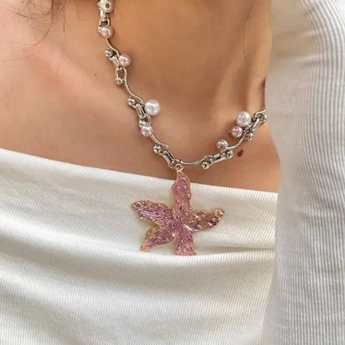 Vintage Purple Pink Starfish Flower Pearl Necklace with Zinc Alloy Pendant