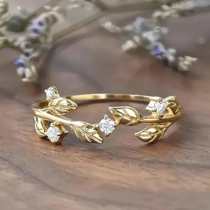 Gold Color Leaf Ring for Women Wedding Band Brass Cubic Zirconia Crystal Jewelry