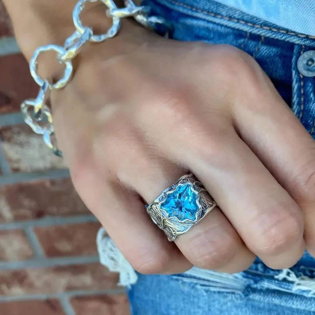 Silver-Plated Boho Ring with Blue Gemstone Inlay Vintage Style for Women