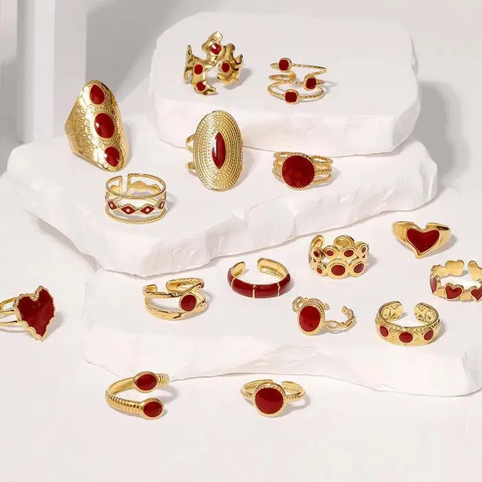 Adjustable Vintage Red Drip Oil Heart Ring for Women Stainless Steel 2025 Jewelry