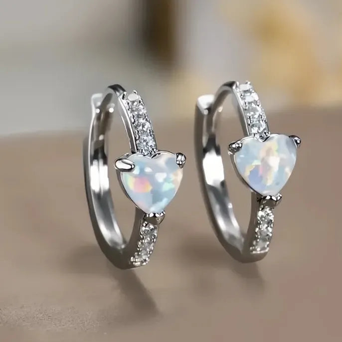 Geometric Imitation Opal Heart Hoop Earrings with Cubic Zirconia for Women