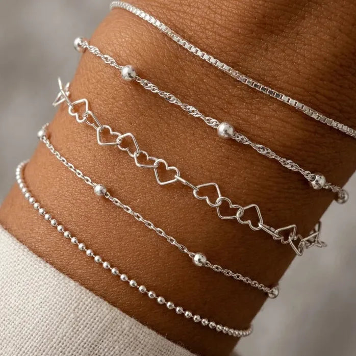 5Pcs Bohemian Gold Metal Heart Multi-Layer Adjustable Bracelet Set Women