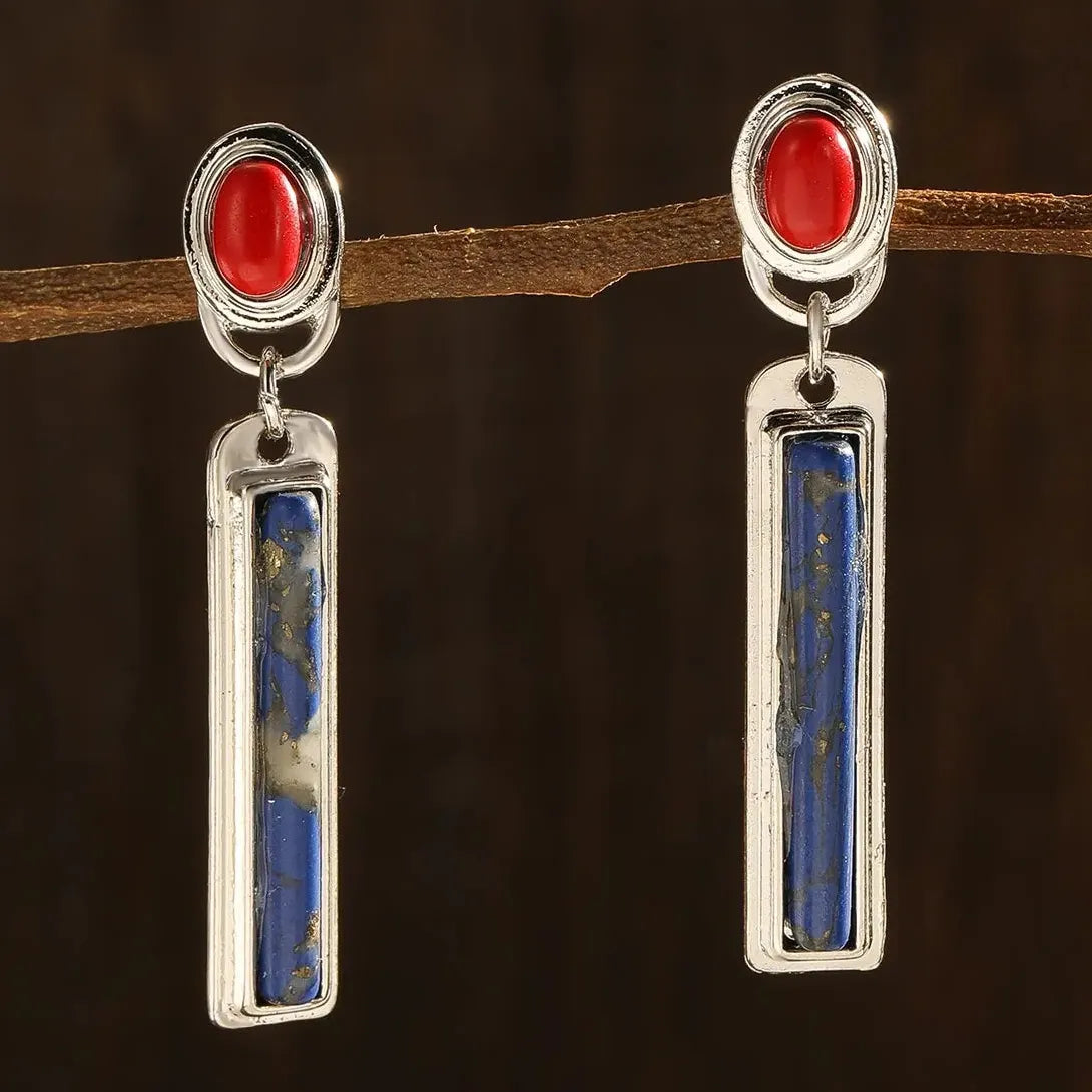 Retro Bohemian Lapis Lazuli Earrings Zinc Alloy Drop Pendant Jewelry Women