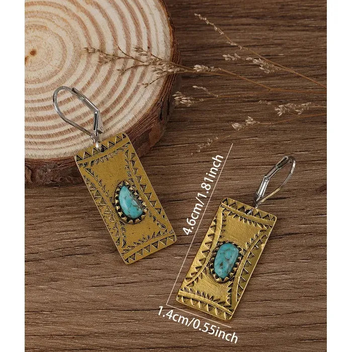 Retro Women's Blue Stone Rectangular Pendant Earrings Zinc Alloy Fashion Jewelry