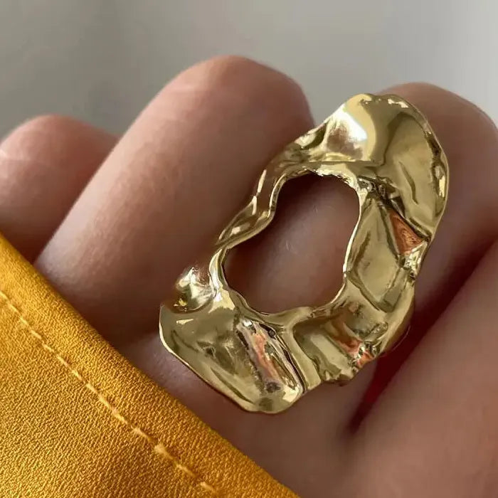 Gold Stainless Steel Irregular Hammered Open Ring Waterproof Gift for Women Men