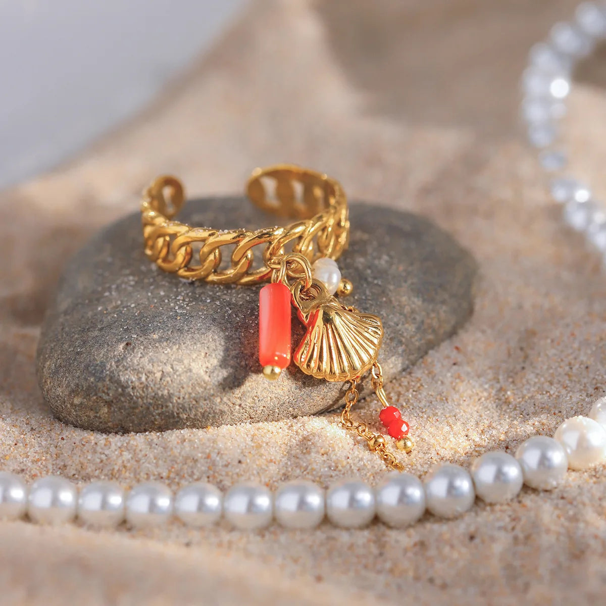 Stainless Steel Personality Rock Tassels Scallop Shell Pearl Red Beads Knuckle Ring