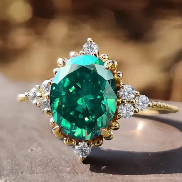 Gold Brass Ring with Green Cubic Zirconia for Women Wedding Party Jewelry