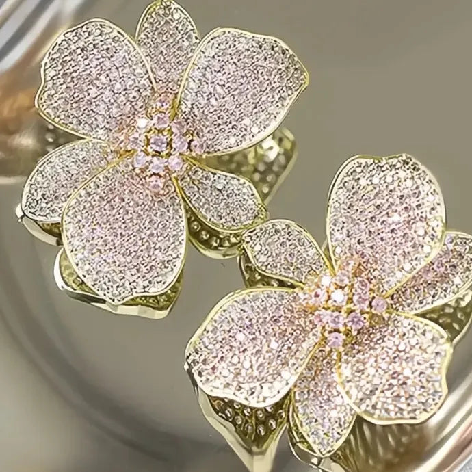 Elegant Flower Design Copper Alloy Stud Earrings with Pink White CZ for Women