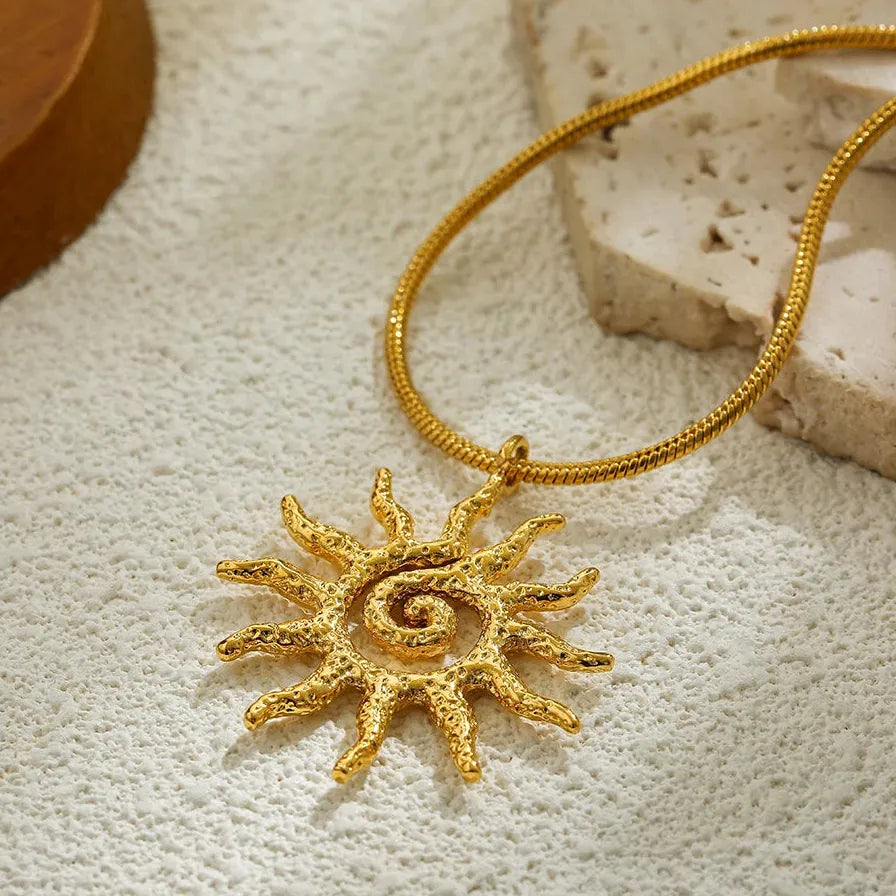 18K Gold Plated Stainless Steel Spiral Sun Pendant Necklace Choker Women Gift