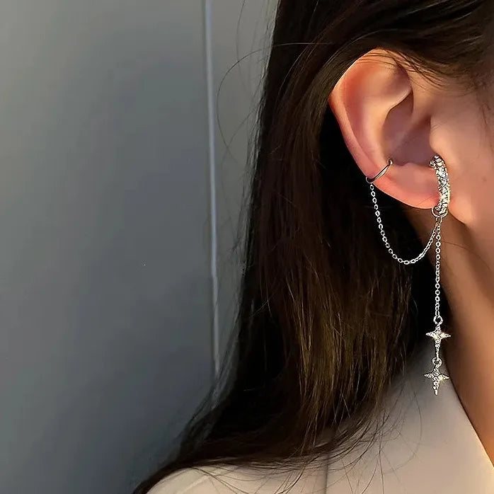 Silver Star Crystal Tassel Clip-On Cuff Earrings for Women Jewelry