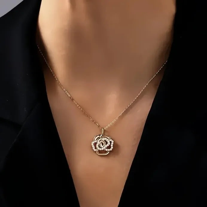 Gold Sweet Camellia Flower Pendant Necklace for Women Wedding Gift