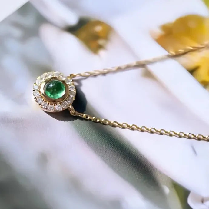 Vintage Geometric Copper Pendant Necklace with Green Cubic Zirconia for Women