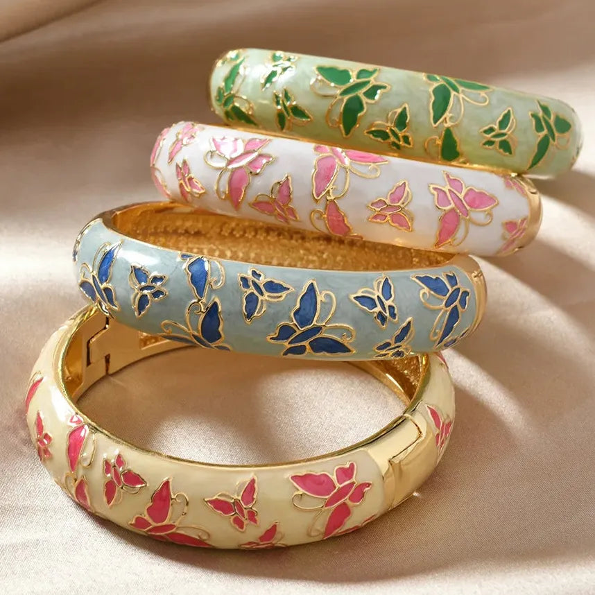 Multicolor Drip Enamel Wide Thick Openable Butterfly Bangle Bracelet Women