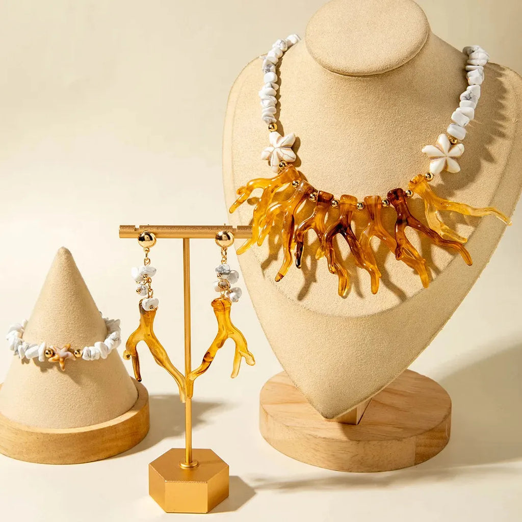 Bohemian Coral Beaded Necklace Set Starfish Earrings for Women Jewelry