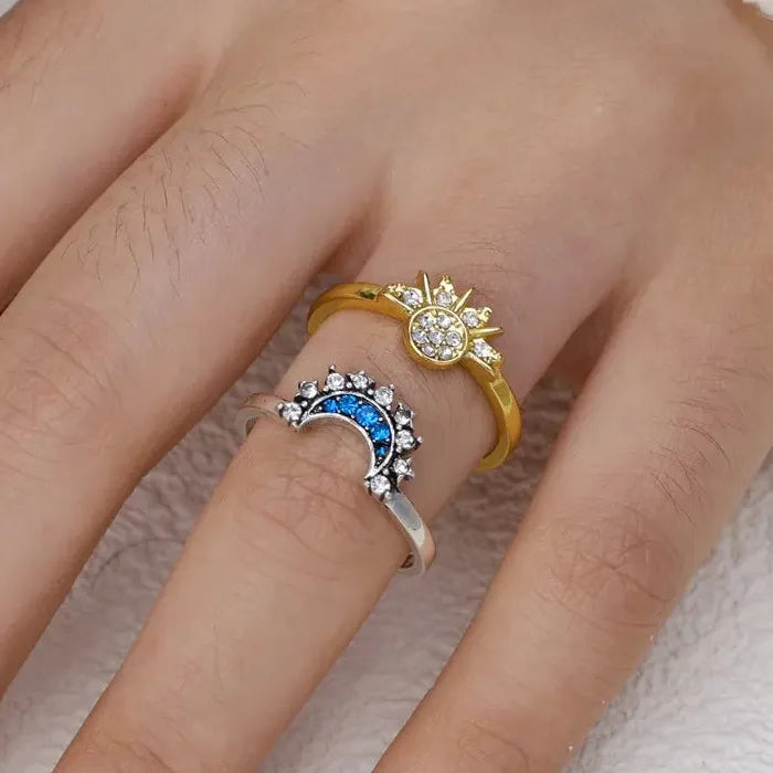 Adjustable 2pc Sun Moon Star Couple Rings for Women Romantic Gift Jewelry