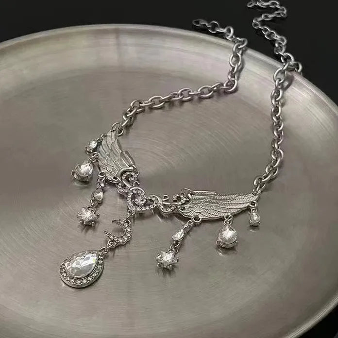 Silver Crystal Wing Moon Pendant Necklace for Women Zinc Alloy Jewelry