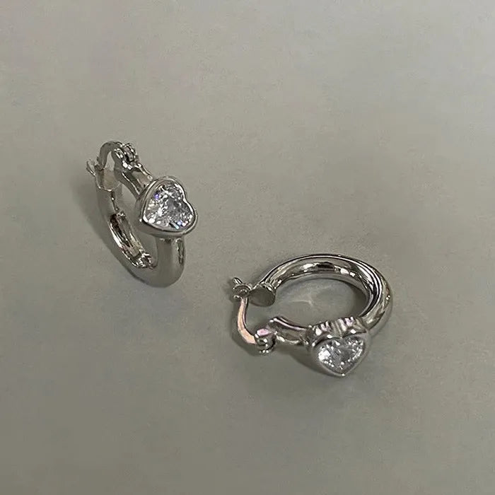 Shiny Zircon Heart Buckle Hoop Earrings Copper Stainless Steel 2026