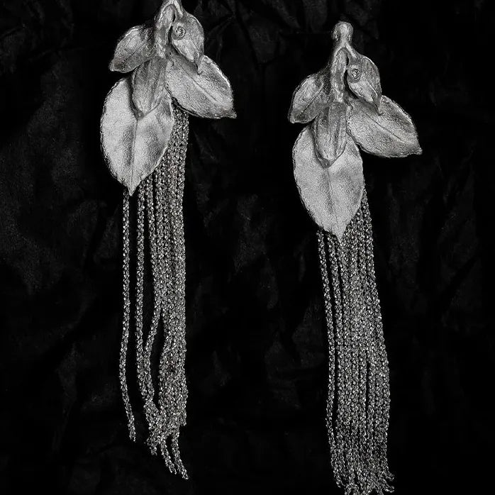 Vintage Copper Leaf Tassel Earrings Retro Style Women's Nature Jewelry Gift