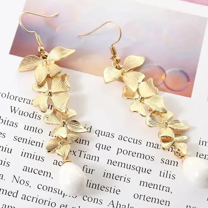 Leaves Flower Tassel Imitation Pearl Pendant Earrings Bridal Wedding Jewelry