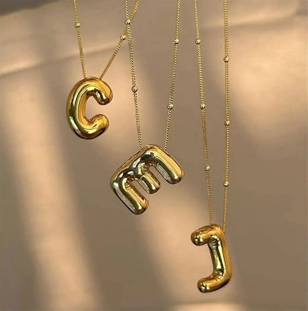 Gold Plated Stainless Steel Chunky Bubble Letter Initial Pendant Necklace