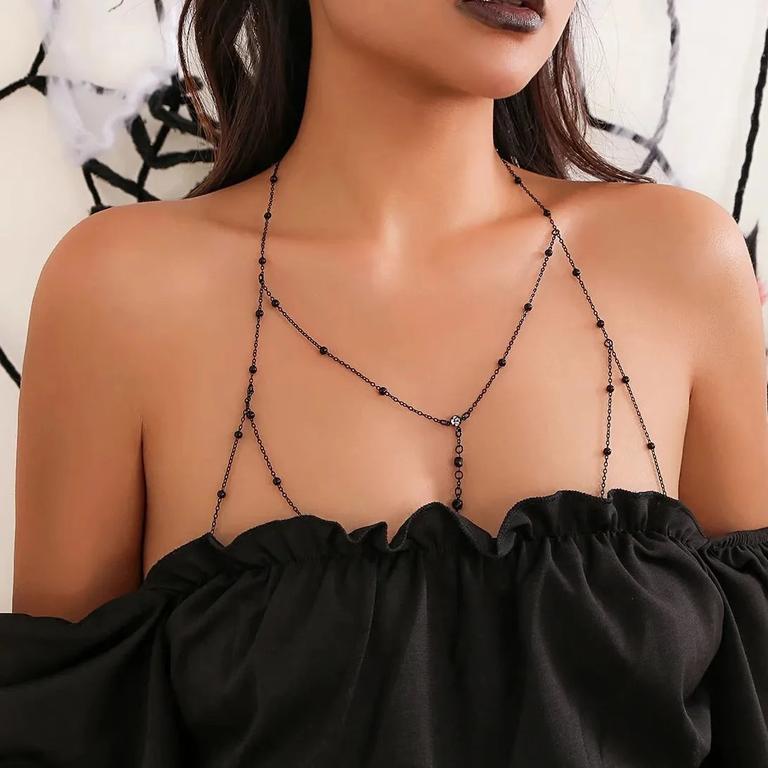 Black Copper Geometric Cross Chain Bikini Chest Rhinestone Body Jewelry
