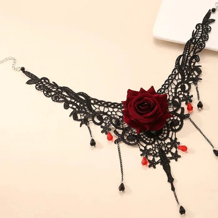 Black Lace Gothic Punk Choker Necklace with Pearl Tassel Roseflower Jewelry
