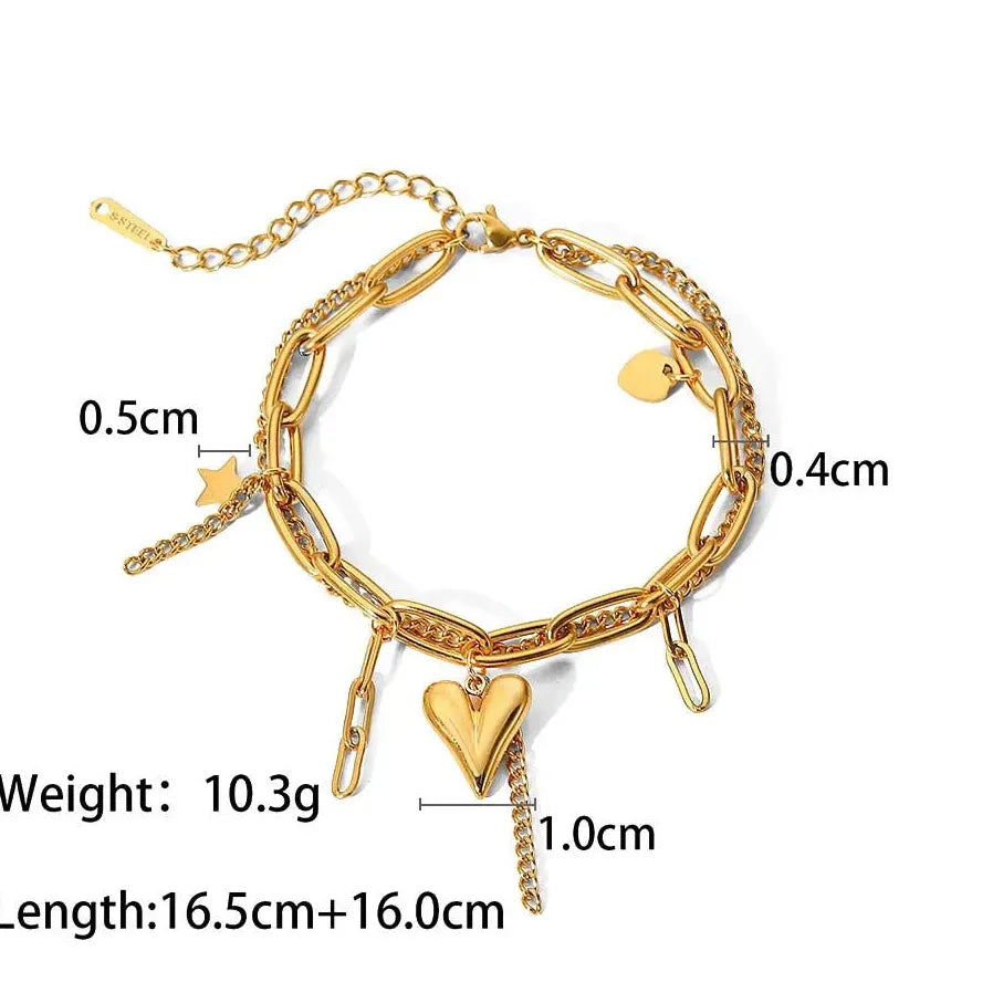 Adjustable Stainless Steel Two Tone Heart Tassel Chain Bracelet Vintage Jewelry