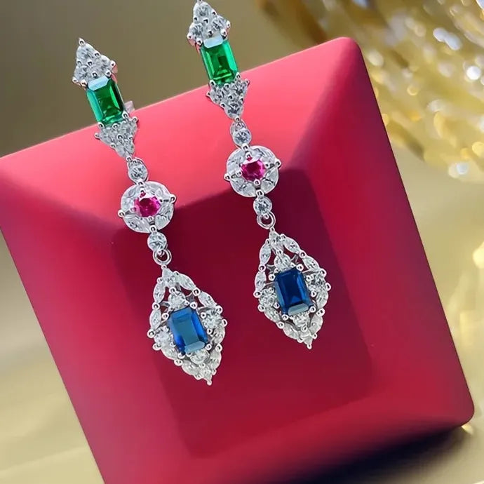Women Geometric Drop Earrings Brass CZ Red Green Blue Sparkling Jewelry