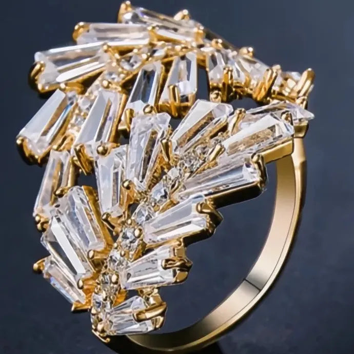 Adjustable Cubic Zirconia Leaf Ring Brass Wedding Bridal Jewelry Luxury