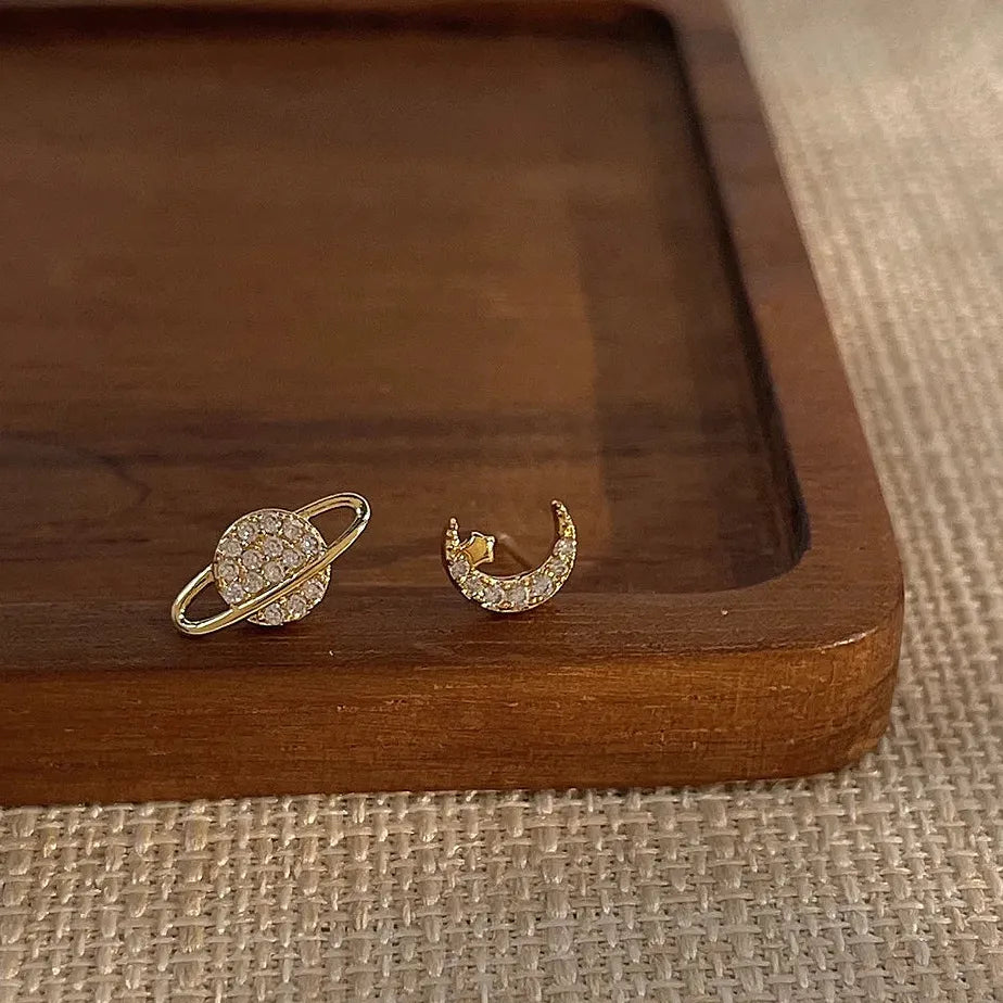Zircon Star Moon Mini Korean Asymmetric Stud Earrings for Women Gift