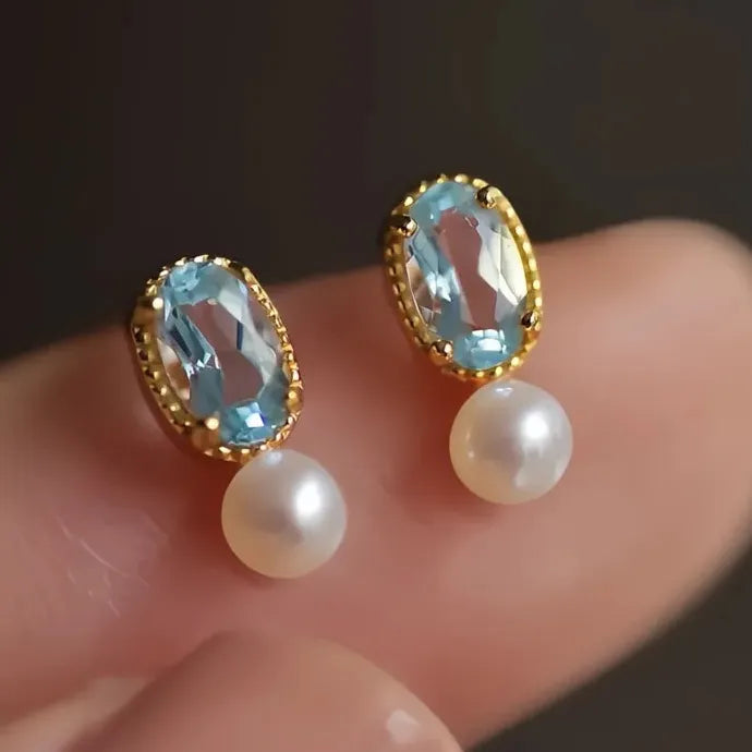 Women's Oval Blue CZ Drop Earrings with Imitation Pearl Copper Alloy Design