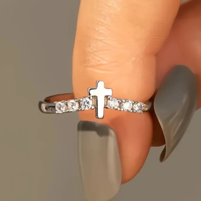 Brass Cross Ring with Cubic Zirconia Wedding Band Gift for Women