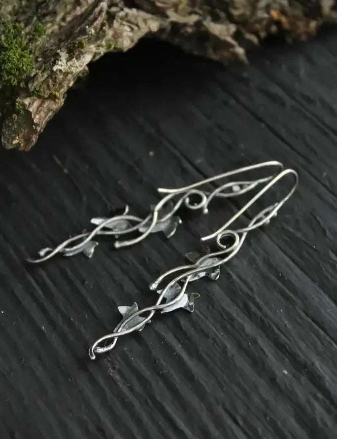 Vintage Ivy Elven Leaf Drop Earrings Women Silver Metal Crystal Jewelry