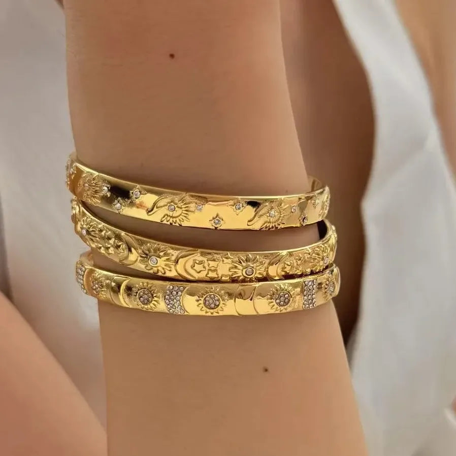 18K Gold Plated Stainless Steel Sun Moon Star Bangle Bracelet Waterproof Charm Jewelry