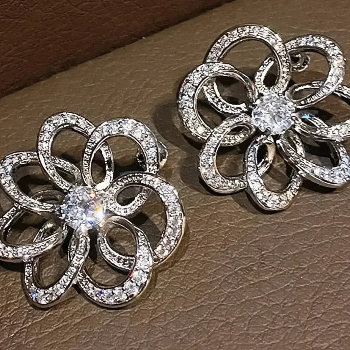 Women's Hollow Flower Brass Alloy CZ Drop Earrings Luxury Wedding Jewelry