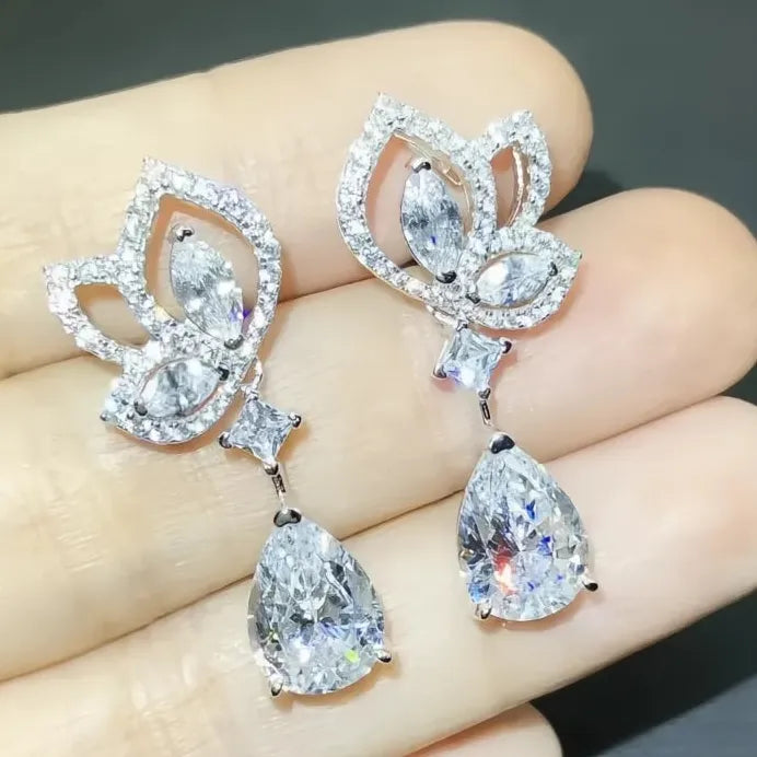 Geometric Flower Drop Earrings with Sparkling Cubic Zirconia for Women