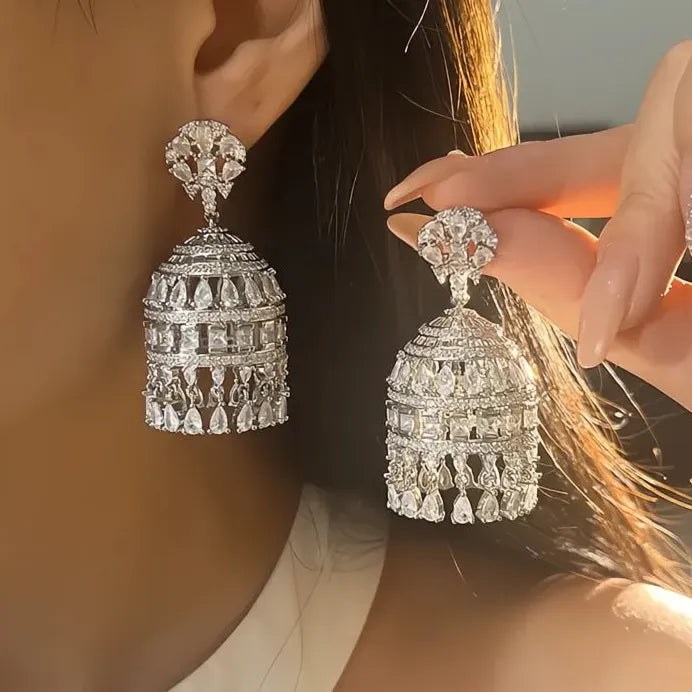 Geometric Silver Drop Earrings with Cubic Zirconia for Women Party Jewelry