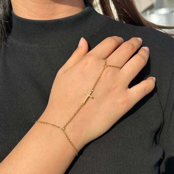 Gold Pearl Cross Hand Chain Bracelet Rings for Women Girls Jewelry Gift