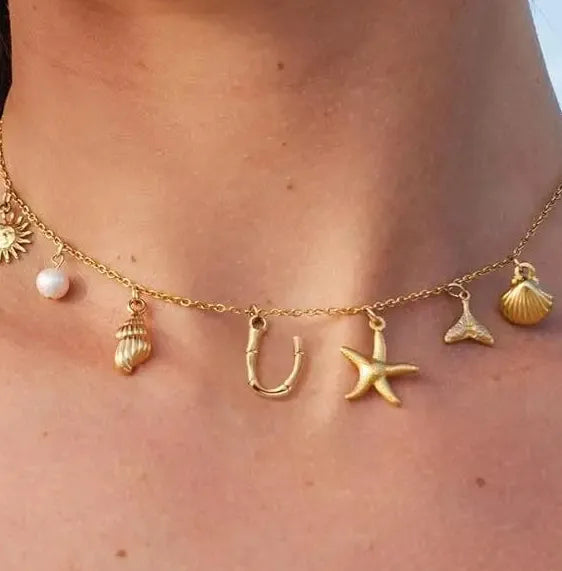 Copper Surfer Girl Seashell Initial Choker Necklace Beach Jewelry Gift