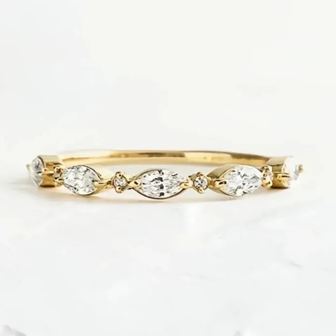 Elegant Thin Marquise Round CZ Cubic Zirconia Brass Wedding Band Ring for Women
