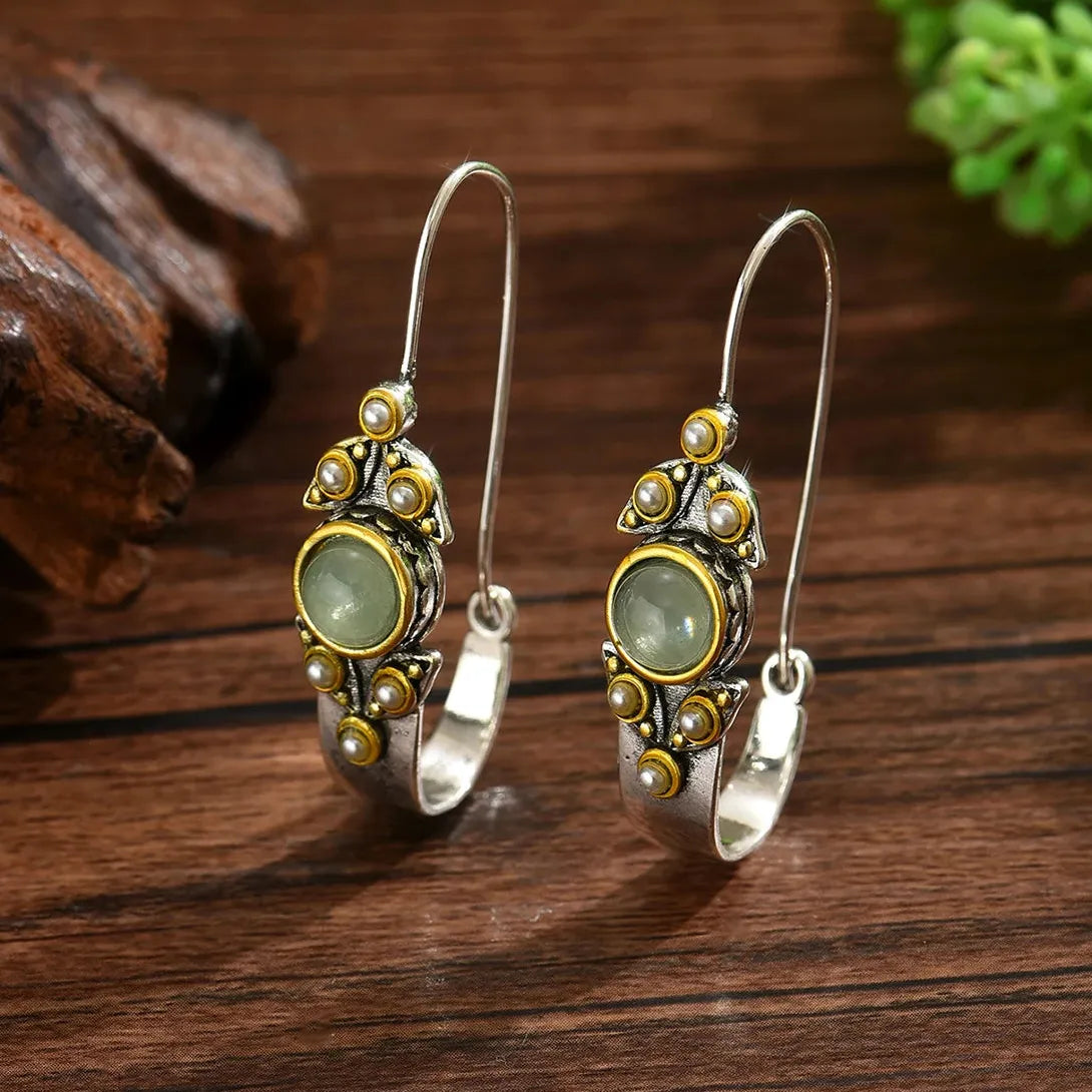 Retro Bohemian Copper Pearl Ring and Geometric Earrings Set for Women